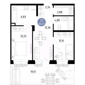 2-к квартира, вторичка, 66м2, 1/14 этаж