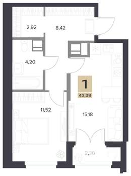 1-к квартира, строящийся дом, 43м2, 9/13 этаж