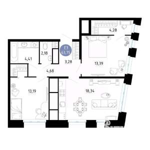 2-к квартира, вторичка, 64м2, 18/25 этаж