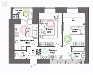 2-к квартира, вторичка, 61м2, 13/16 этаж