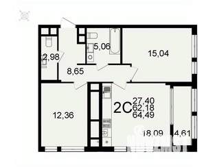 2-к квартира, вторичка, 64м2, 14/26 этаж