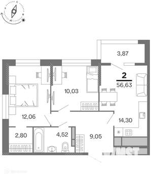 2-к квартира, вторичка, 57м2, 15/17 этаж