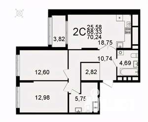 2-к квартира, вторичка, 70м2, 5/26 этаж