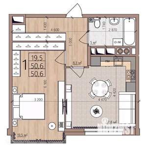 1-к квартира, вторичка, 51м2, 5/9 этаж
