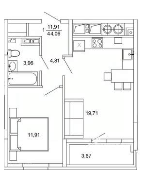 1-к квартира, вторичка, 44м2, 5/26 этаж