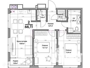 2-к квартира, вторичка, 66м2, 6/11 этаж