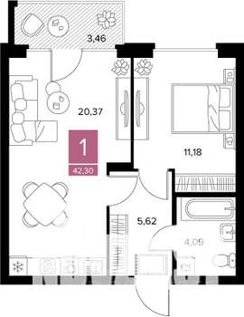 1-к квартира, вторичка, 42м2, 5/9 этаж