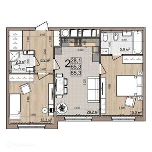 2-к квартира, вторичка, 65м2, 1/26 этаж
