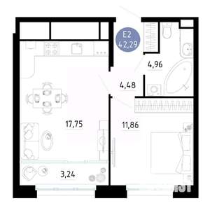 1-к квартира, вторичка, 42м2, 5/20 этаж