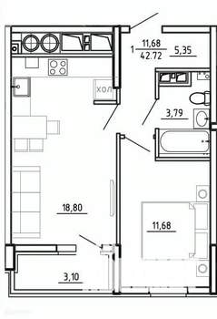 1-к квартира, вторичка, 43м2, 5/26 этаж