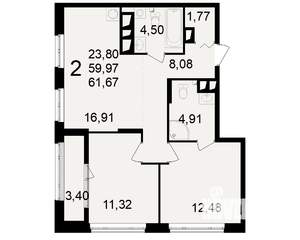 2-к квартира, вторичка, 60м2, 23/23 этаж