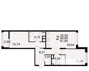 2-к квартира, вторичка, 61м2, 2/25 этаж