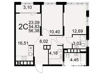2-к квартира, вторичка, 55м2, 15/22 этаж