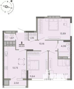 3-к квартира, вторичка, 69м2, 19/24 этаж