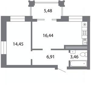 1-к квартира, строящийся дом, 44м2, 3/5 этаж