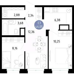2-к квартира, вторичка, 46м2, 13/14 этаж