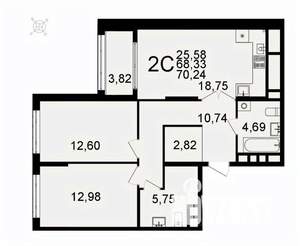 2-к квартира, вторичка, 70м2, 13/26 этаж