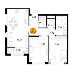 2-к квартира, вторичка, 58м2, 21/25 этаж