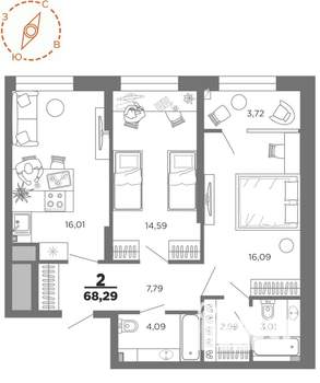 2-к квартира, вторичка, 68м2, 14/22 этаж