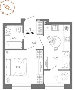 1-к квартира, вторичка, 34м2, 10/22 этаж