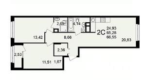 2-к квартира, вторичка, 67м2, 2/26 этаж