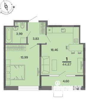 1-к квартира, вторичка, 45м2, 3/22 этаж