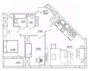 2-к квартира, вторичка, 75м2, 16/26 этаж
