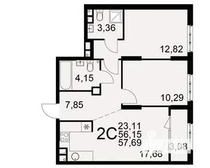 2-к квартира, вторичка, 56м2, 1/22 этаж
