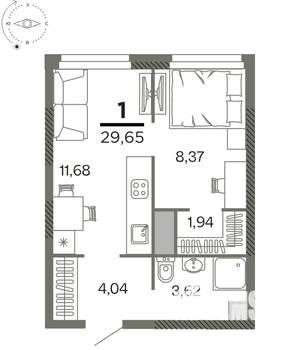 1-к квартира, вторичка, 30м2, 2/26 этаж