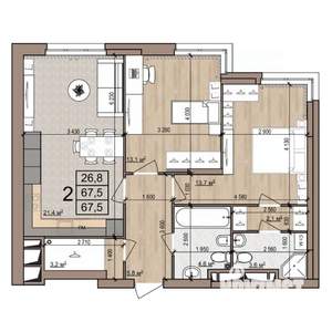 2-к квартира, строящийся дом, 68м2, 20/25 этаж