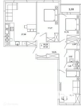 3-к квартира, вторичка, 97м2, 9/26 этаж