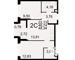 2-к квартира, вторичка, 47м2, 3/25 этаж