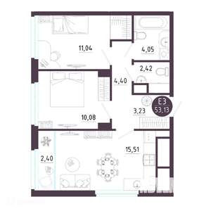 2-к квартира, вторичка, 53м2, 4/19 этаж
