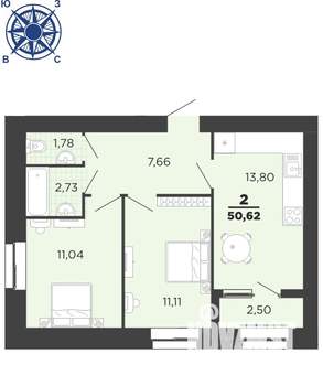 2-к квартира, вторичка, 51м2, 8/16 этаж