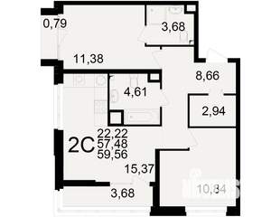 2-к квартира, вторичка, 57м2, 7/25 этаж