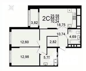 2-к квартира, вторичка, 70м2, 22/26 этаж