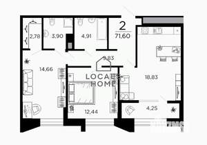 2-к квартира, вторичка, 72м2, 15/19 этаж