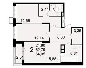 2-к квартира, вторичка, 63м2, 1/23 этаж