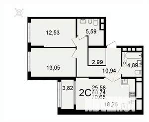 2-к квартира, вторичка, 71м2, 25/26 этаж