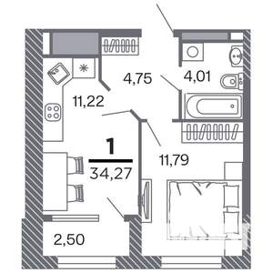 1-к квартира, строящийся дом, 34м2, 21/25 этаж