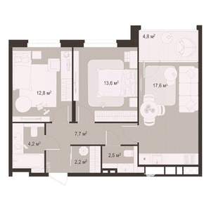 2-к квартира, строящийся дом, 65м2, 7/8 этаж