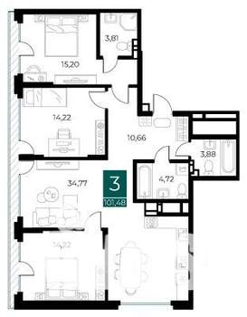 3-к квартира, вторичка, 101м2, 6/14 этаж