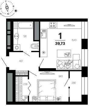 1-к квартира, вторичка, 40м2, 1/21 этаж