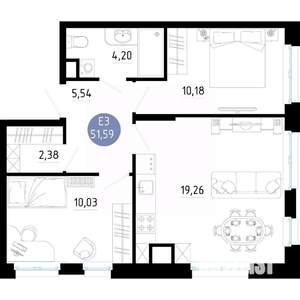 2-к квартира, вторичка, 52м2, 3/14 этаж