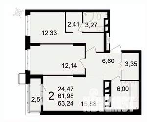 2-к квартира, вторичка, 63м2, 21/24 этаж
