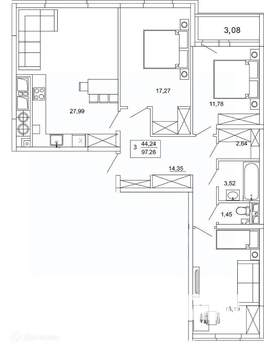 3-к квартира, вторичка, 97м2, 9/26 этаж