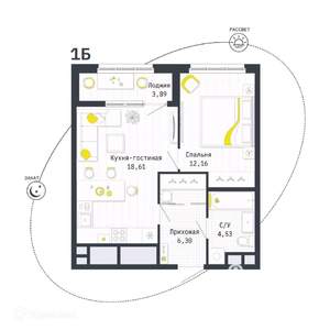 1-к квартира, вторичка, 44м2, 20/26 этаж