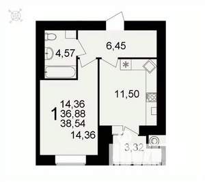 1-к квартира, вторичка, 39м2, 12/16 этаж