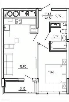 1-к квартира, вторичка, 43м2, 10/26 этаж