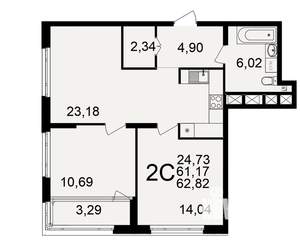 2-к квартира, вторичка, 61м2, 2/25 этаж